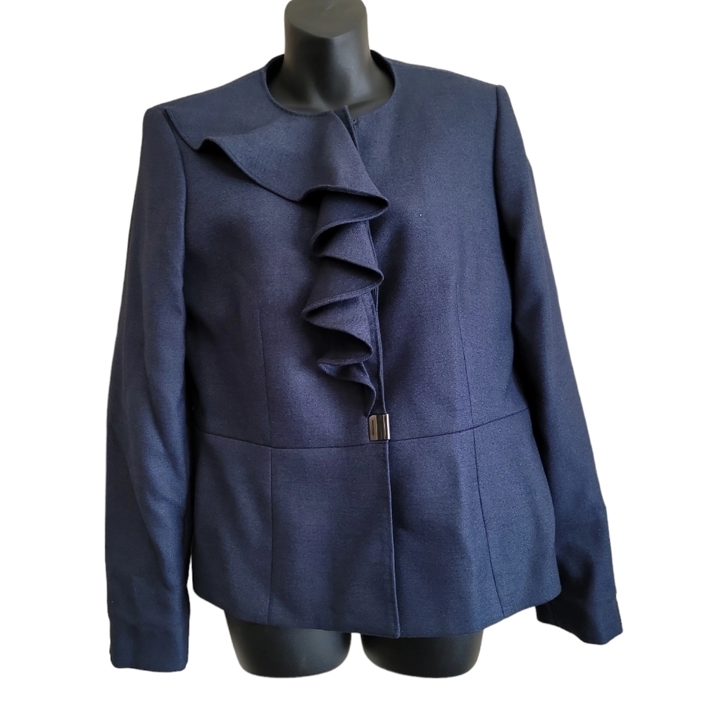 Anne Klein Suit  Women Navy Blue Ruffle Blazer Jacket  Long  Sleeves size 10 NWT